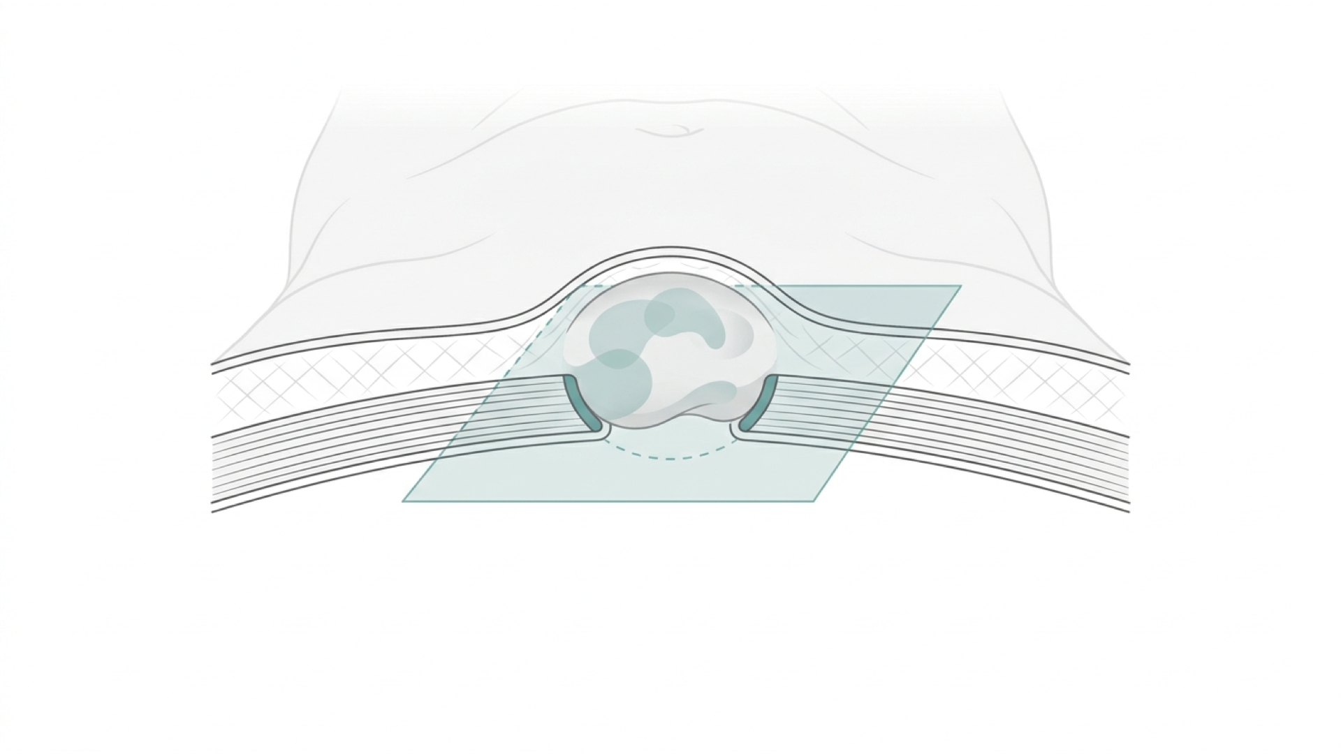 Medical line illustration of an abdominal wall hernia for Childhood inguinal (groin) hernia repair.