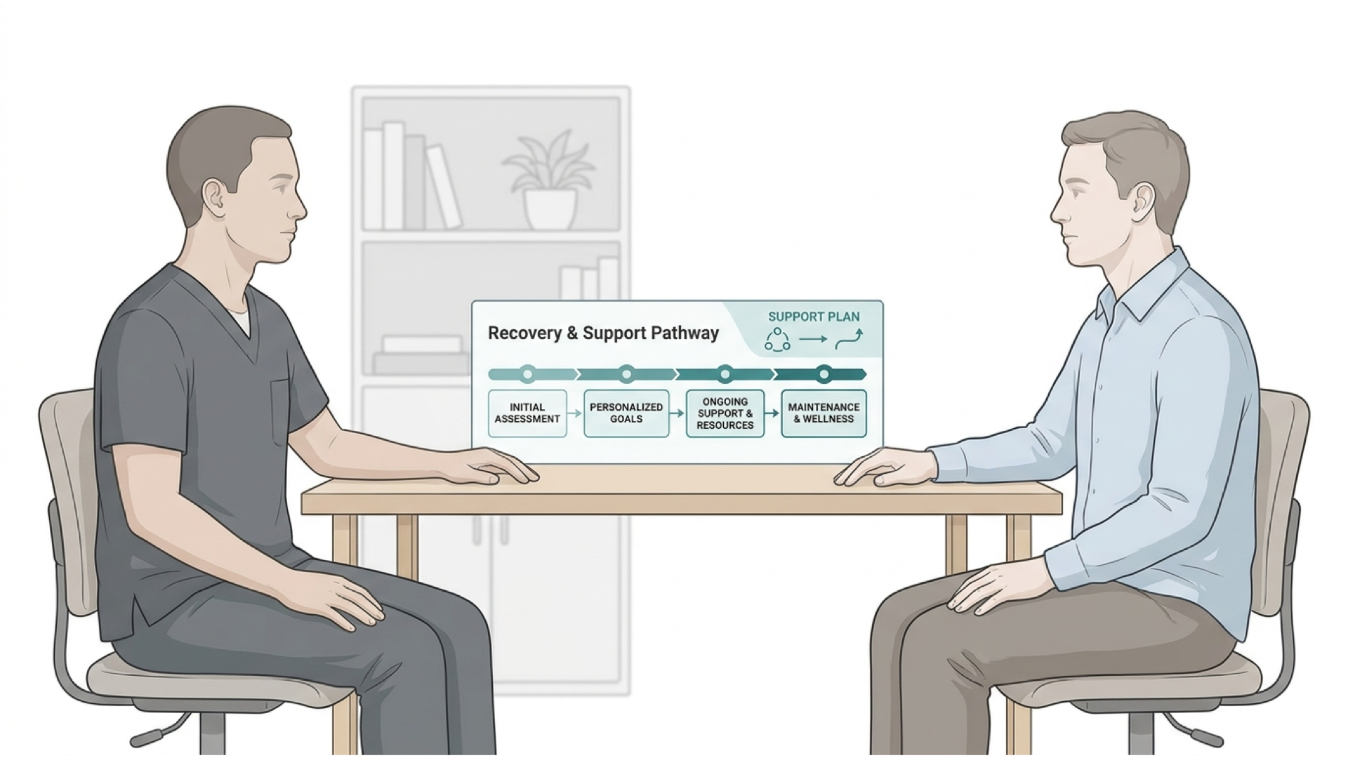 Medical line illustration of addiction and recovery support planning for Addiction assessment.