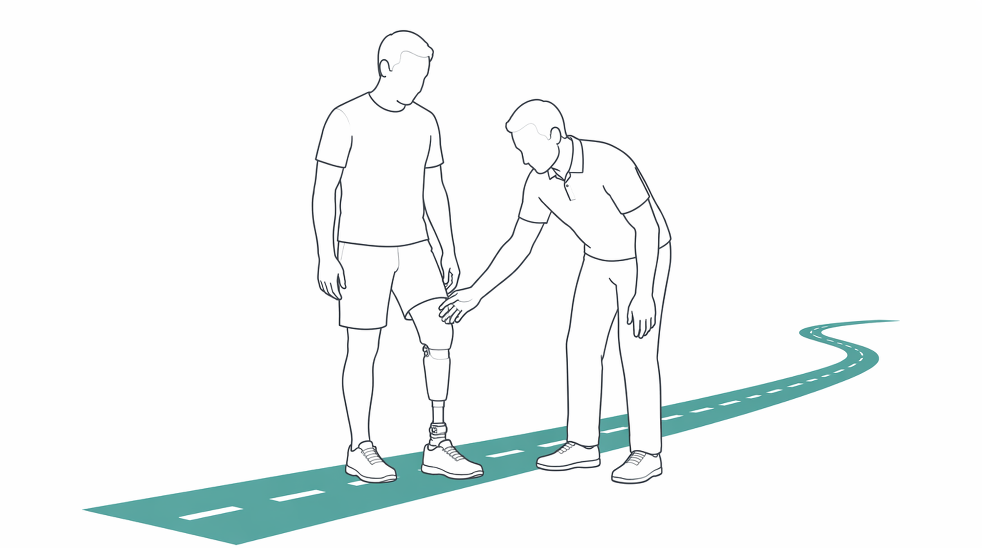 Medical line illustration of amputee prosthetic rehabilitation for Artificial limb assessment and fitting.