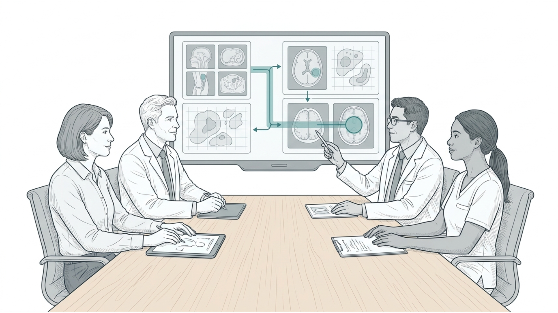 Medical line illustration of cancer mdt treatment planning for Specialist subspecialty pathology reporting.
