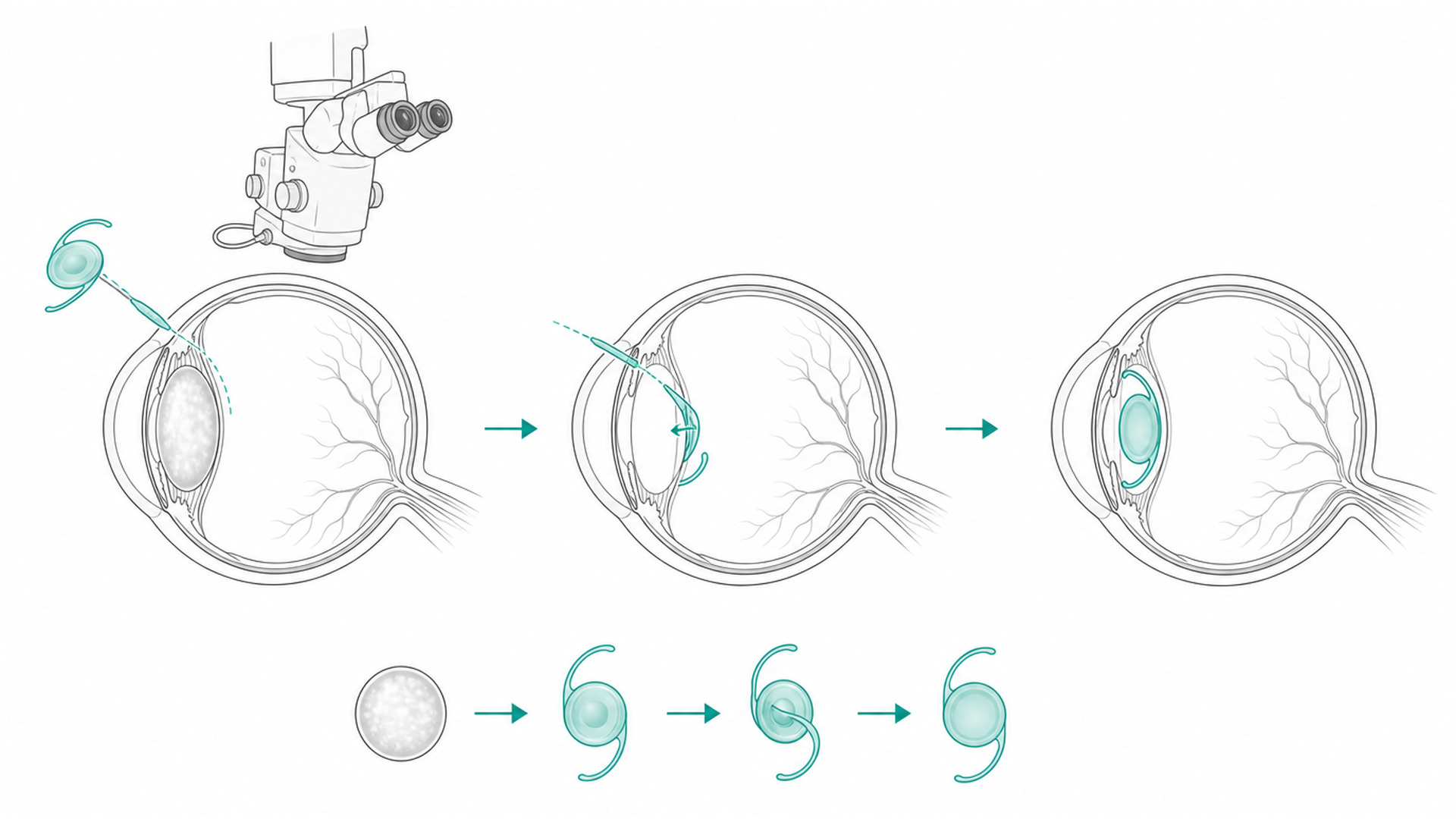 Medical line illustration of eye lens anatomy and cataract lens replacement for Cataract surgery.