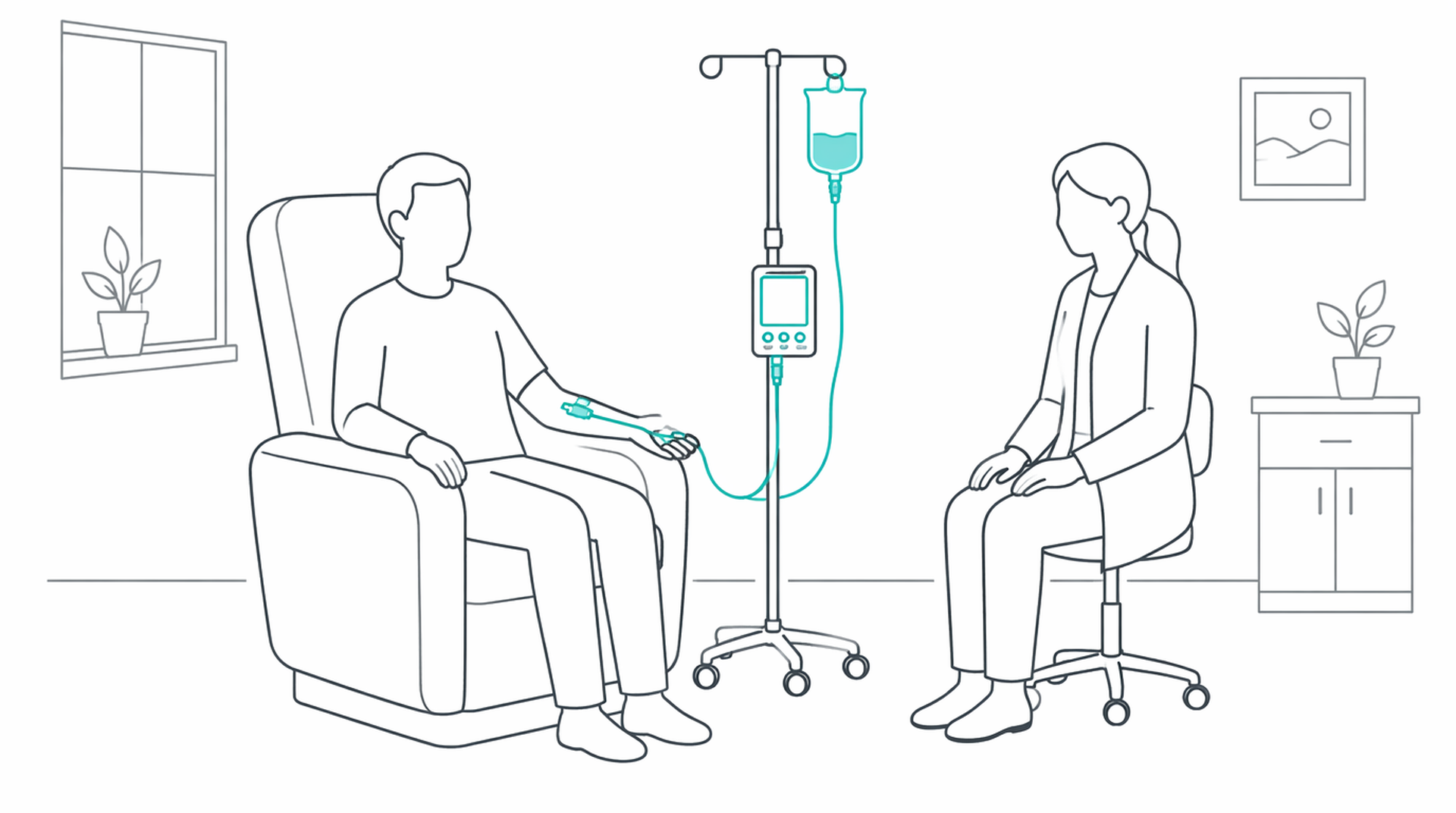 Medical line illustration of chemotherapy infusion chair for Managing chemotherapy side effects.
