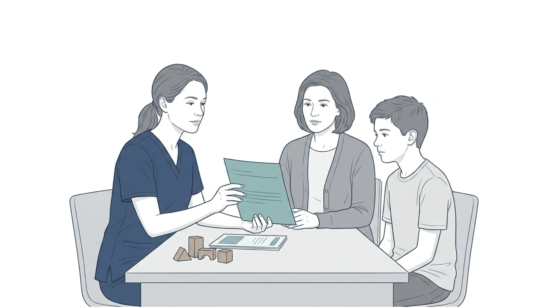 Medical line illustration of a child or adolescent health assessment for Self-harm assessment.