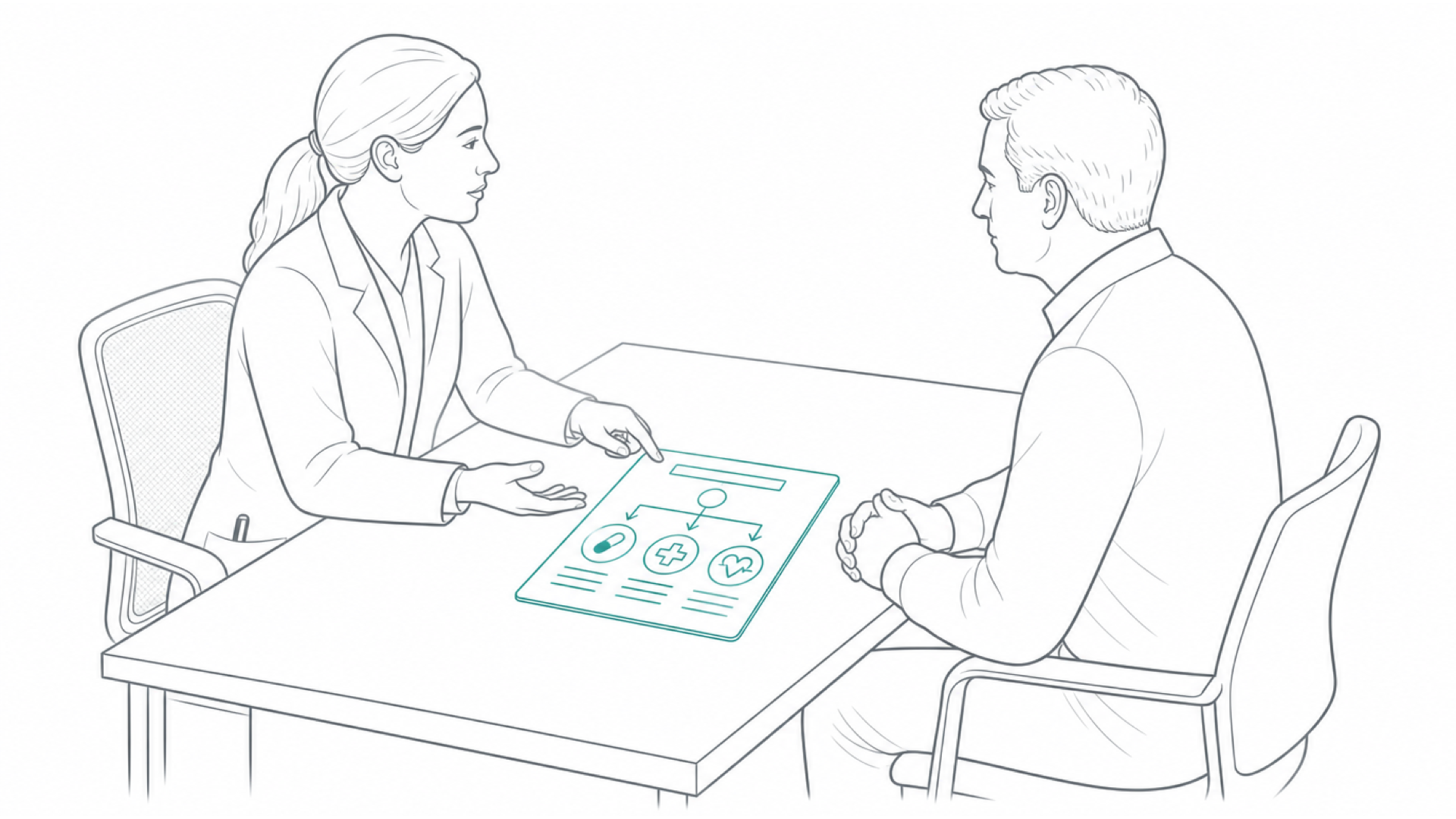 Medical line illustration of a clinician and patient discussing a care plan for Hydrogen breath test.