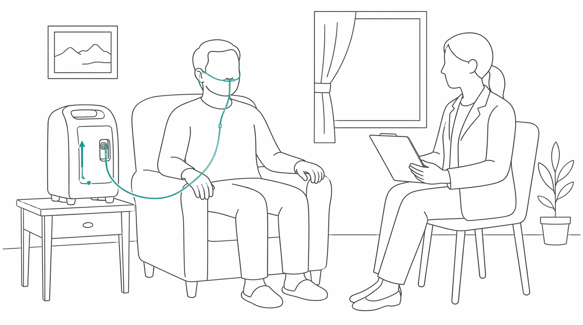 Medical line illustration of copd home oxygen for COPD management.