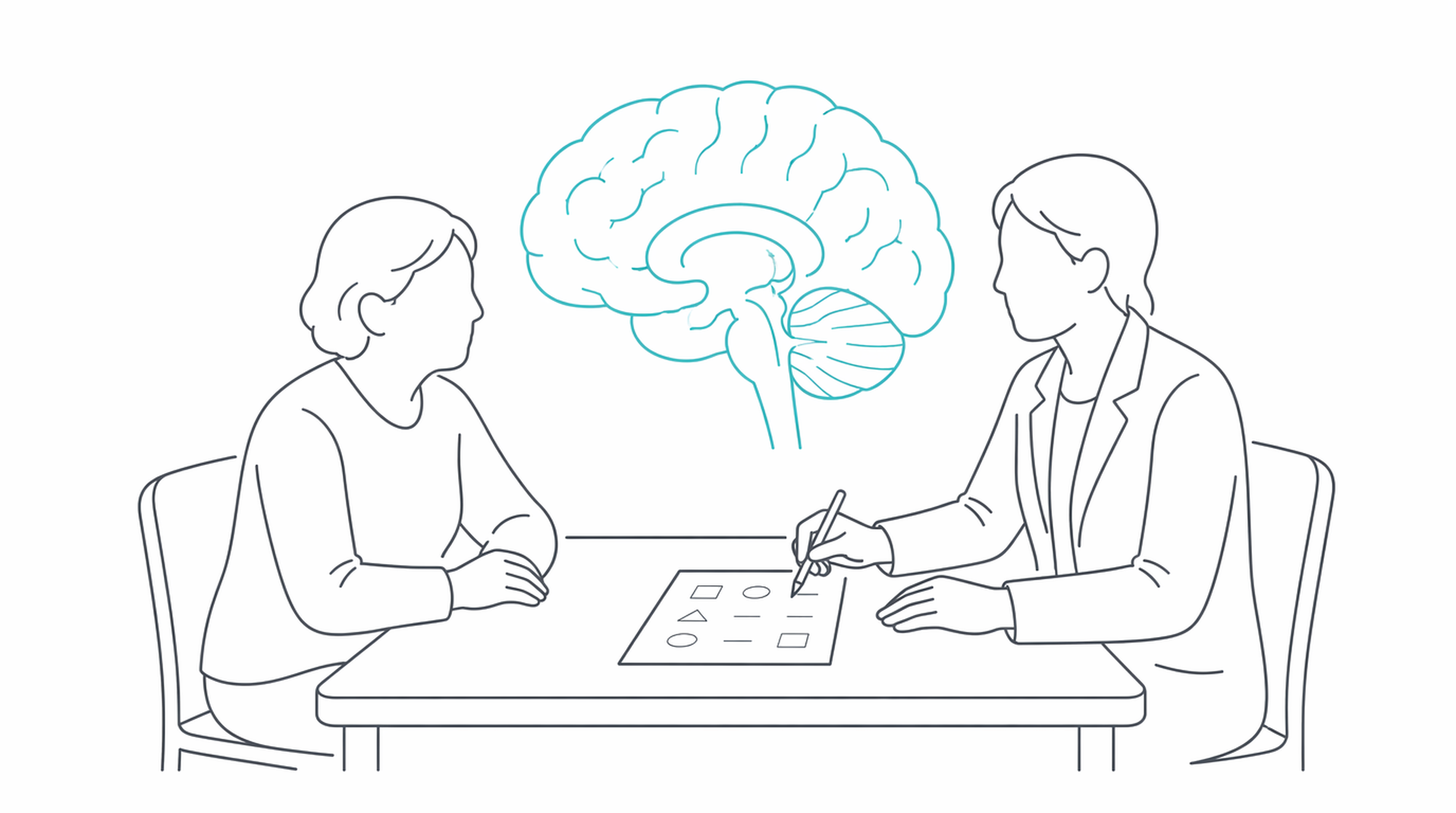 Medical line illustration of dementia memory brain assessment for Memory and thinking tests (ACE / MoCA).