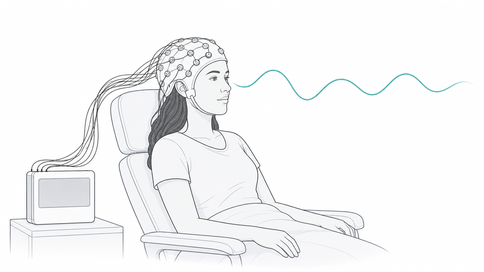 Medical line illustration of EEG scalp electrodes and brainwave recording for Epilepsy management in children and young people.