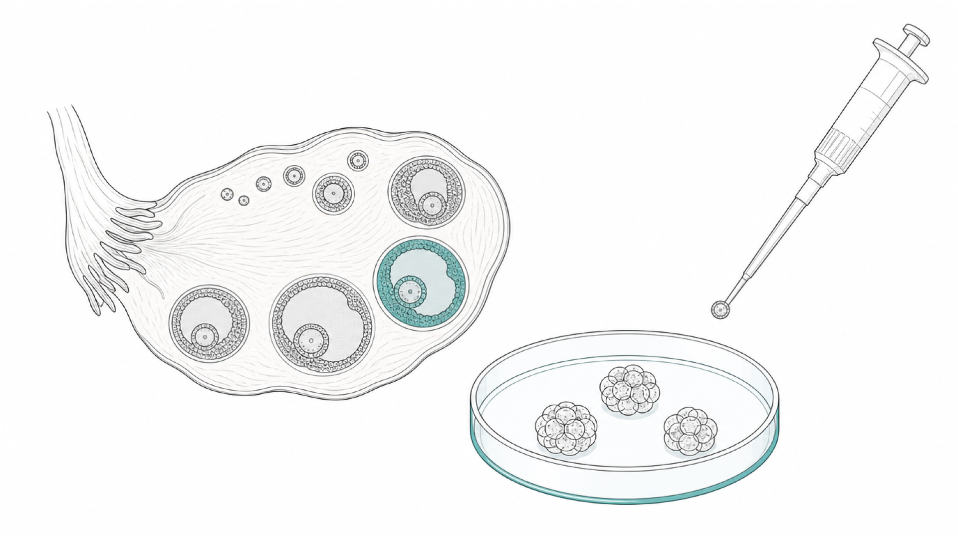 Medical line illustration of fertility treatment and IVF laboratory work for Embryo donation.