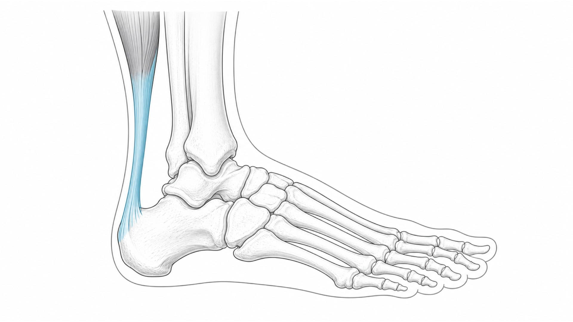 Medical line illustration of the foot, ankle and Achilles tendon for High-volume injection for tendinopathy.