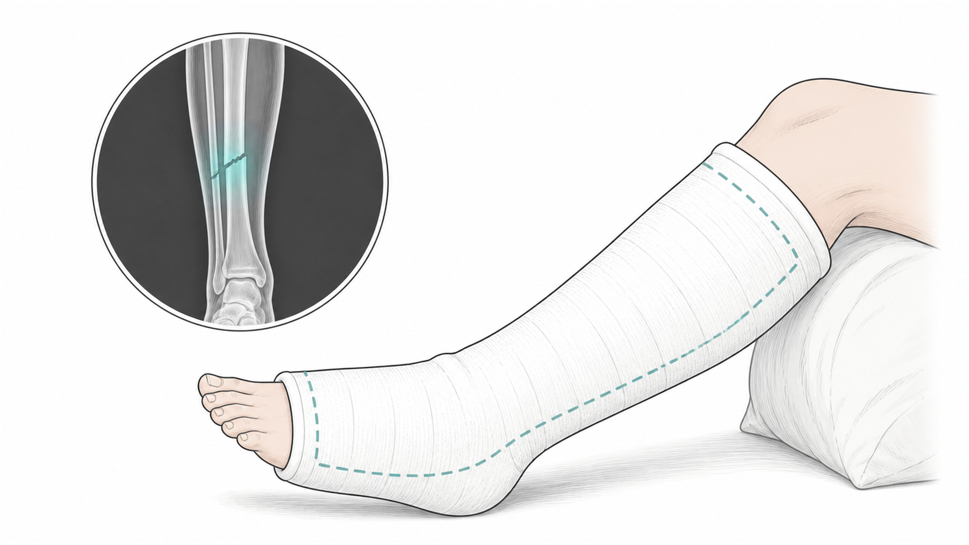 Medical line illustration of a cast and x-ray assessment for Surgery to fix a broken bone.