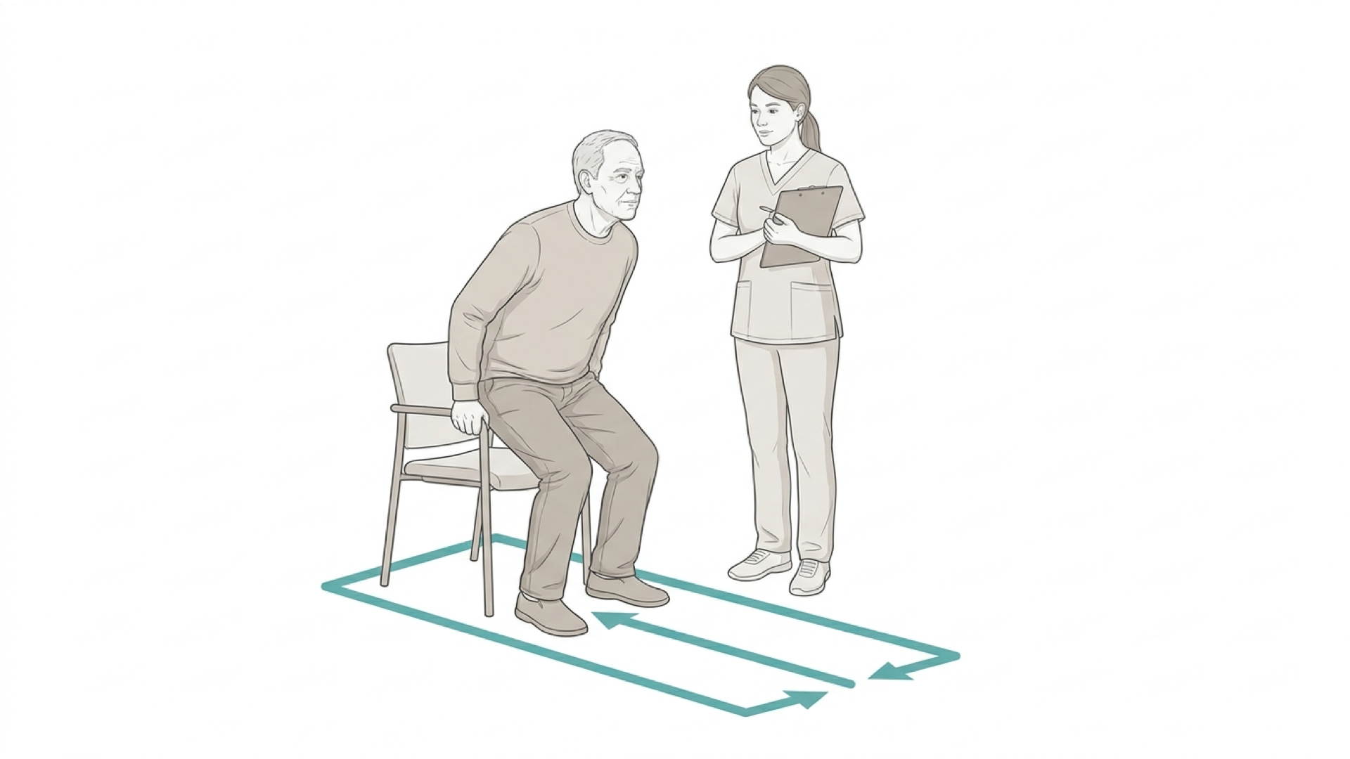 Medical line illustration of frailty, falls and mobility assessment for Falls assessment.