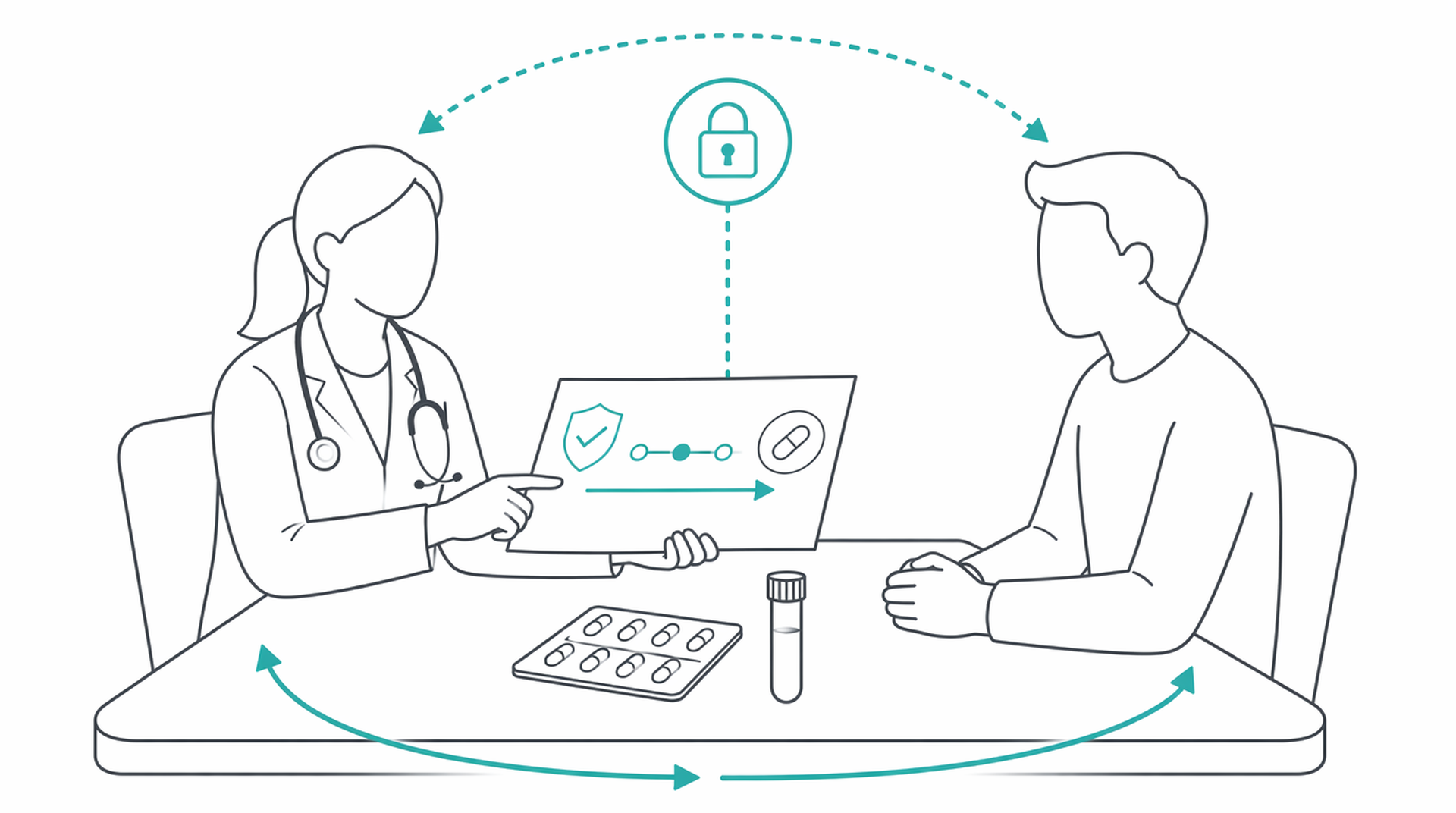 Medical line illustration of hiv prep pep consultation for HIV PEP (emergency anti-HIV medicine).