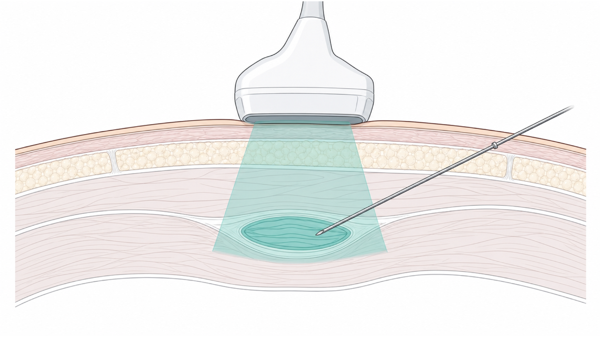 Medical line illustration of an image-guided needle approaching a treatment target for Trigger point injection.