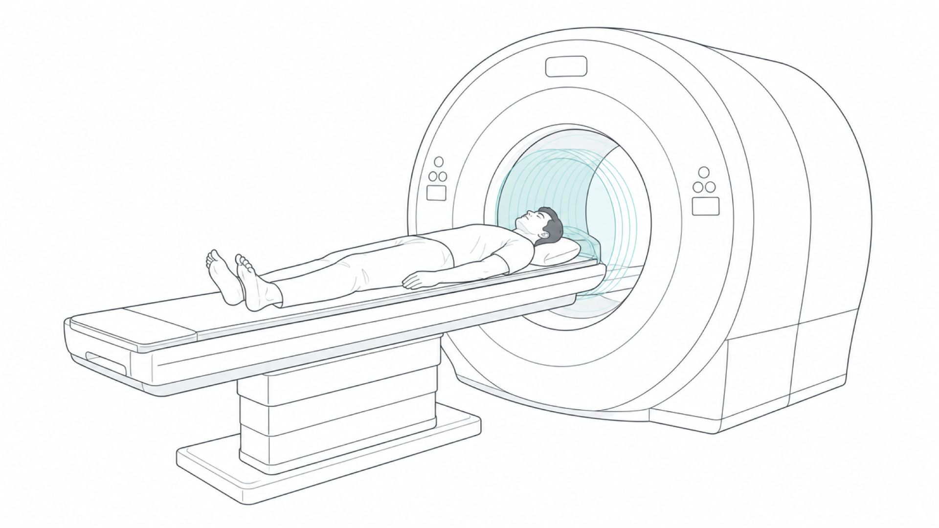 Medical line illustration of a patient undergoing cross-sectional imaging in a scanner for CT scan.