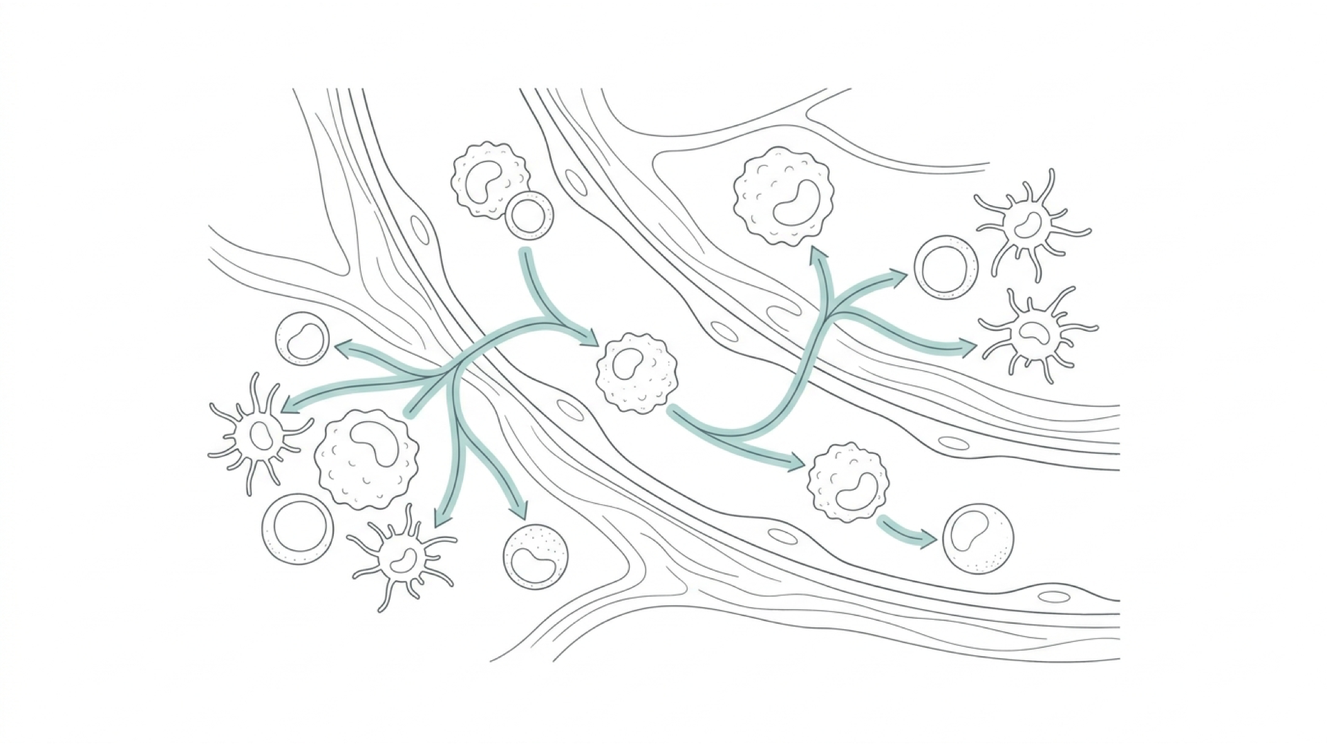 Medical line illustration of immunology and autoimmune pathways for Fibromyalgia treatment.
