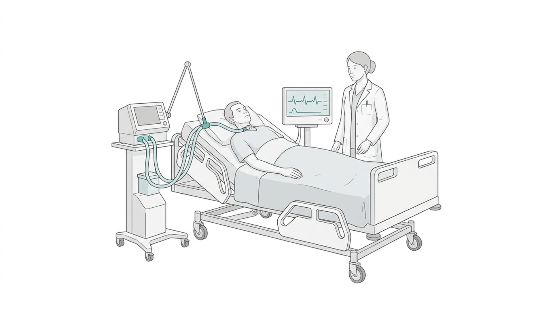 Medical line illustration of intensive care and critical care support for High-dependency care (HDU).