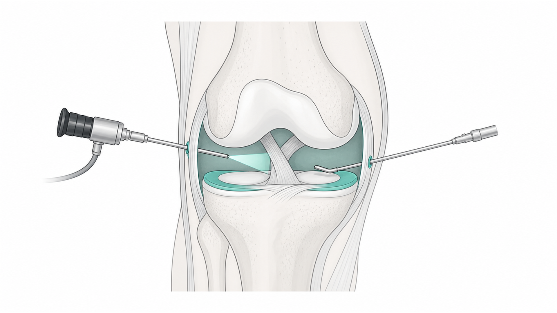Medical line illustration of joint arthroscopy with a camera and instrument pathway for Shoulder decompression (subacromial).