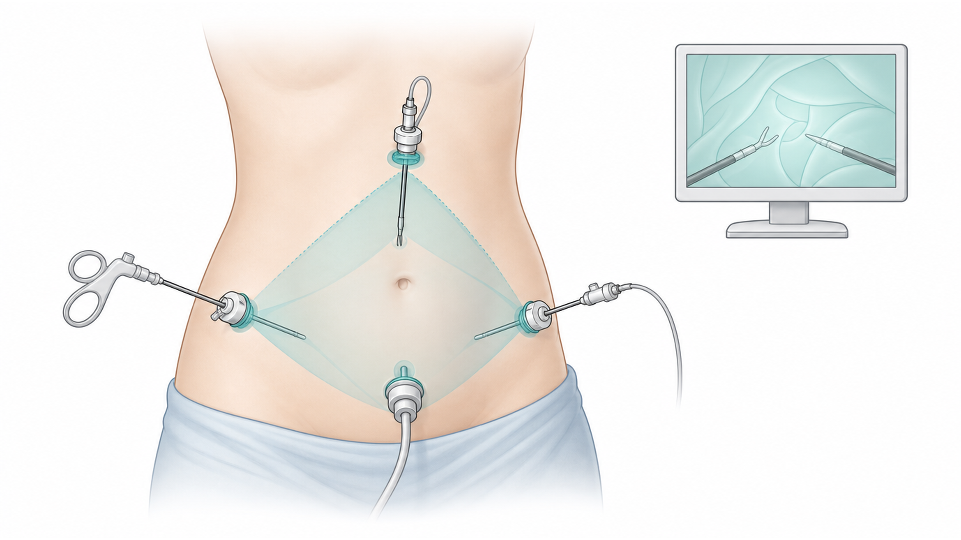 Medical line illustration of keyhole abdominal surgery port placement for Appendix removal.