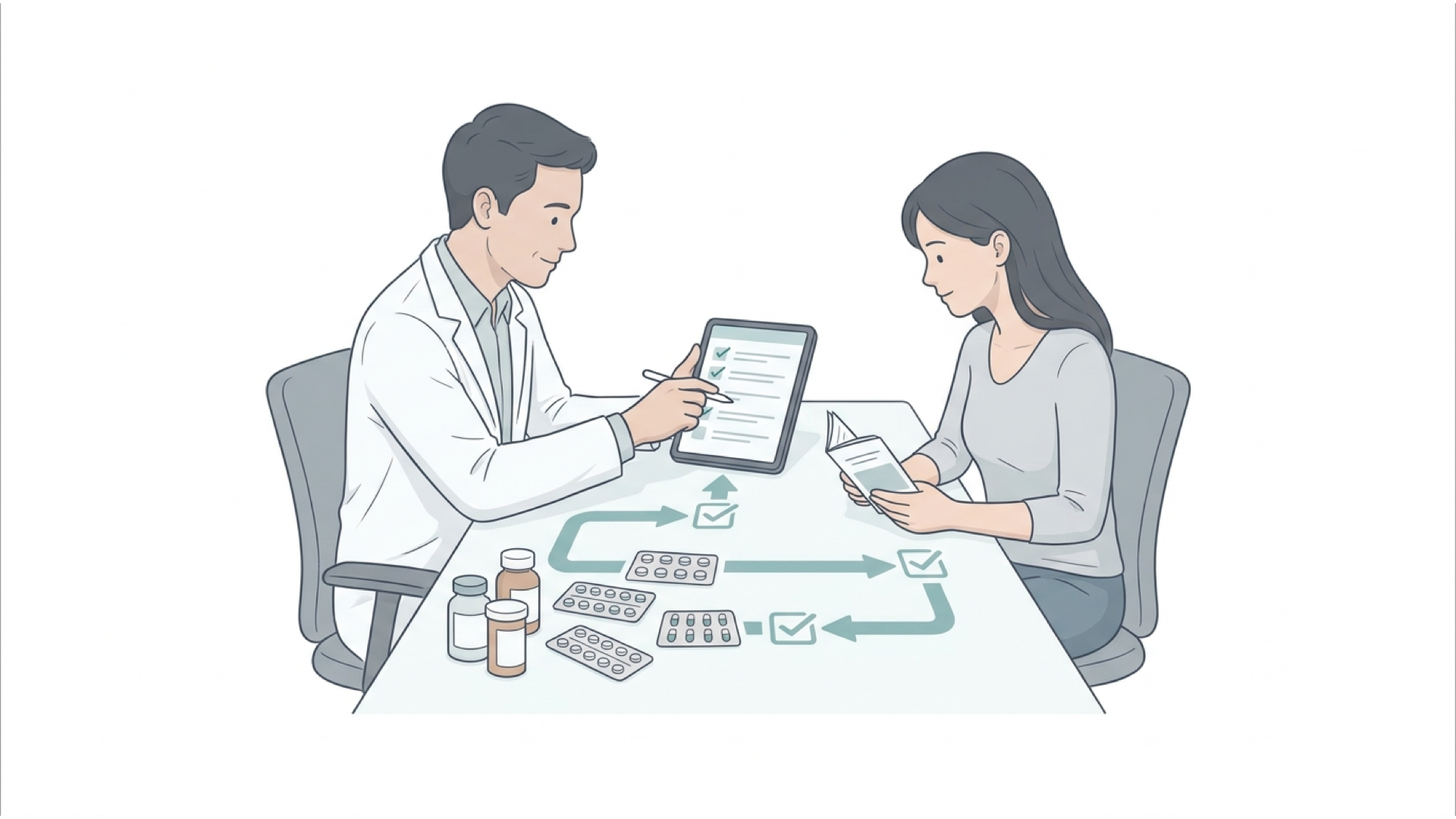 Medical line illustration of medication review and polypharmacy for Medication review (polypharmacy).