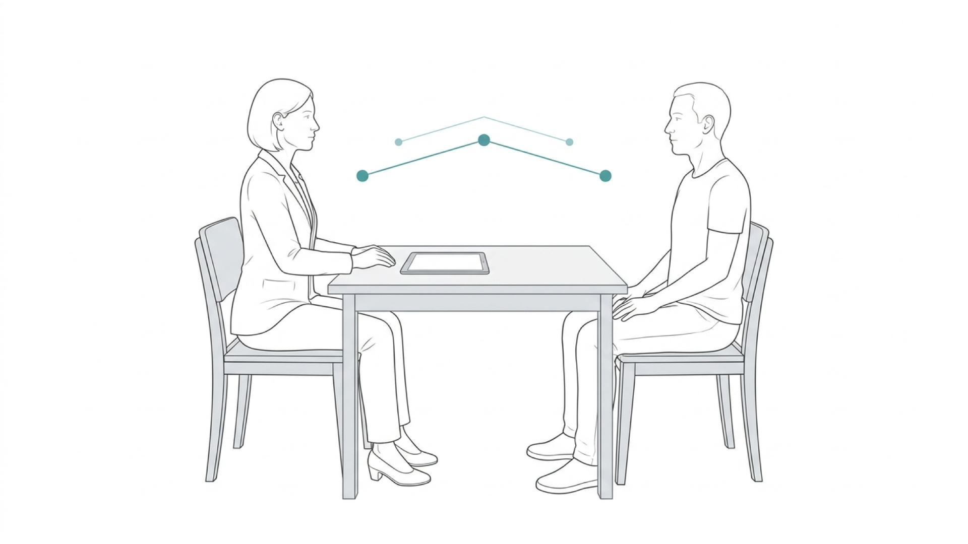 Medical line illustration of a mental health assessment consultation for Adult ADHD assessment.