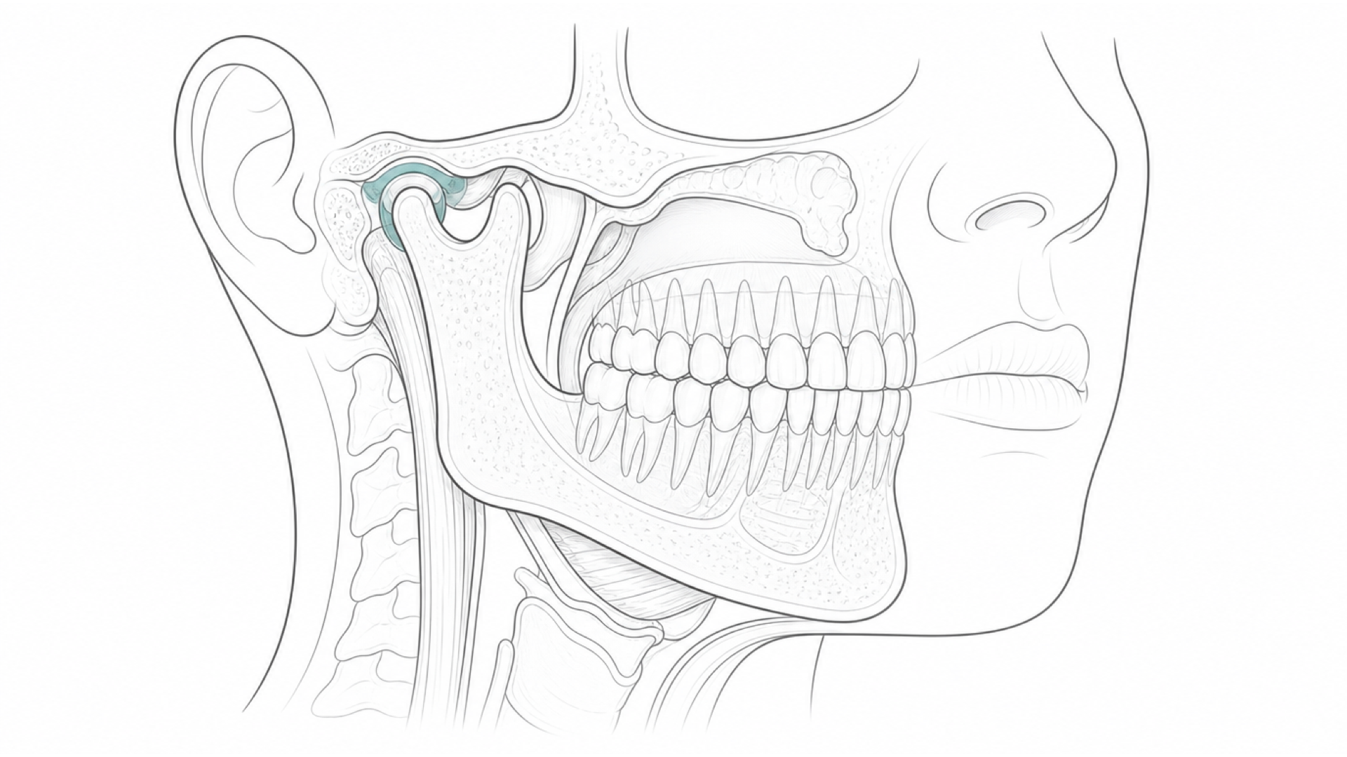 Medical line illustration of the mouth, jaw and teeth for Apicectomy (root-end surgery).