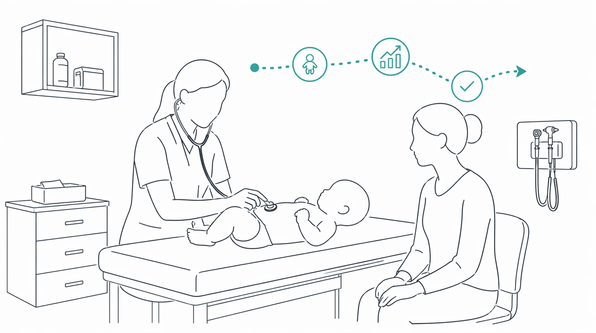 Medical line illustration of paediatric newborn baby check for Newborn baby check.