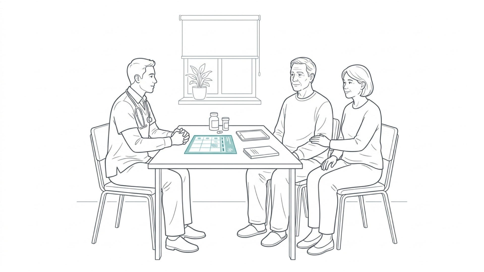 Medical line illustration of palliative care and symptom control planning for Fatigue management (palliative care).