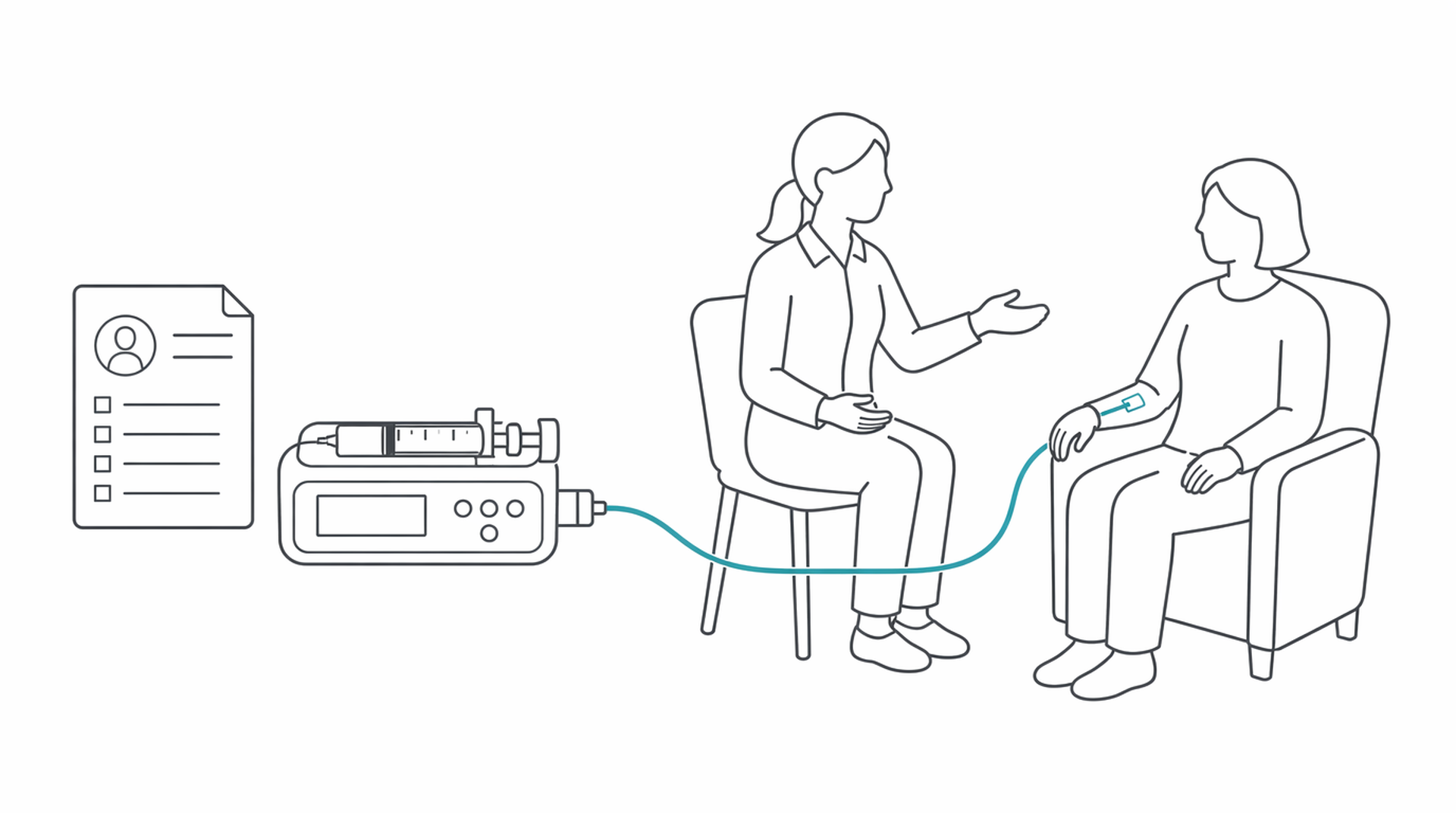 Medical line illustration of palliative syringe driver for Syringe driver (continuous infusion under the skin).