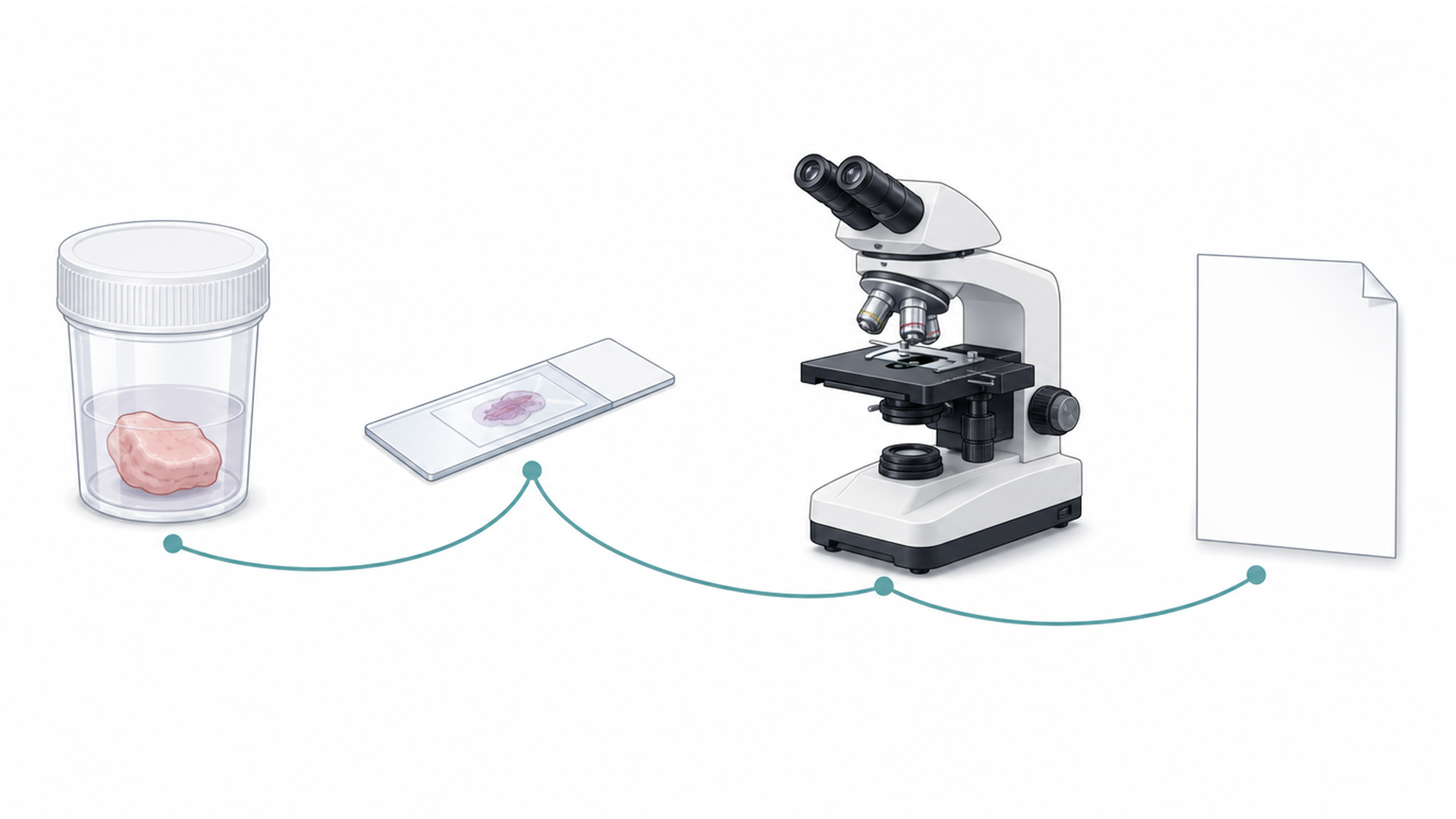 Medical line illustration of a biopsy specimen, microscope slide and pathology analysis for Immunohistochemistry testing (IHC).
