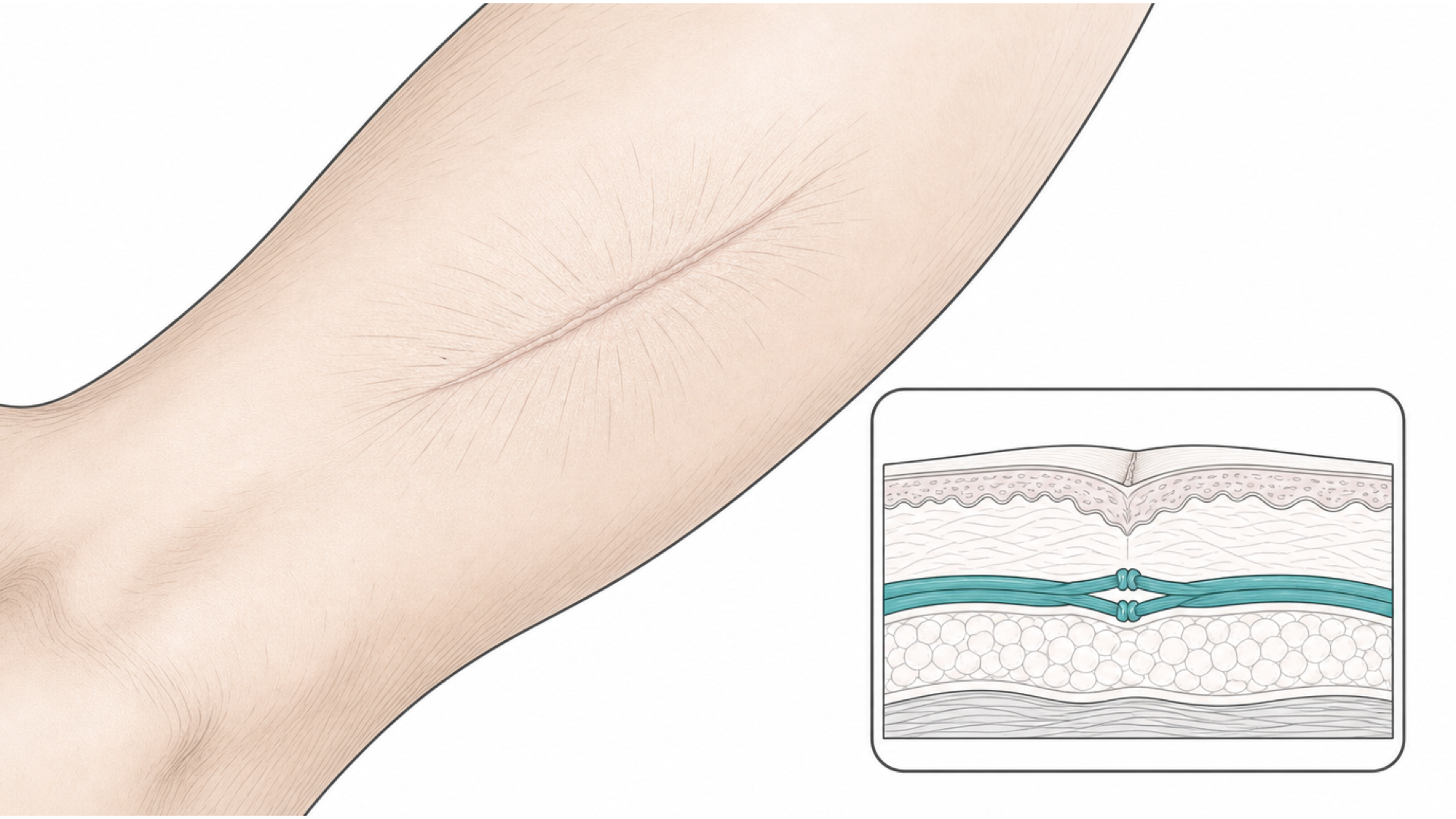 Medical line illustration of scar and wound-healing anatomy for Incisional hernia repair.