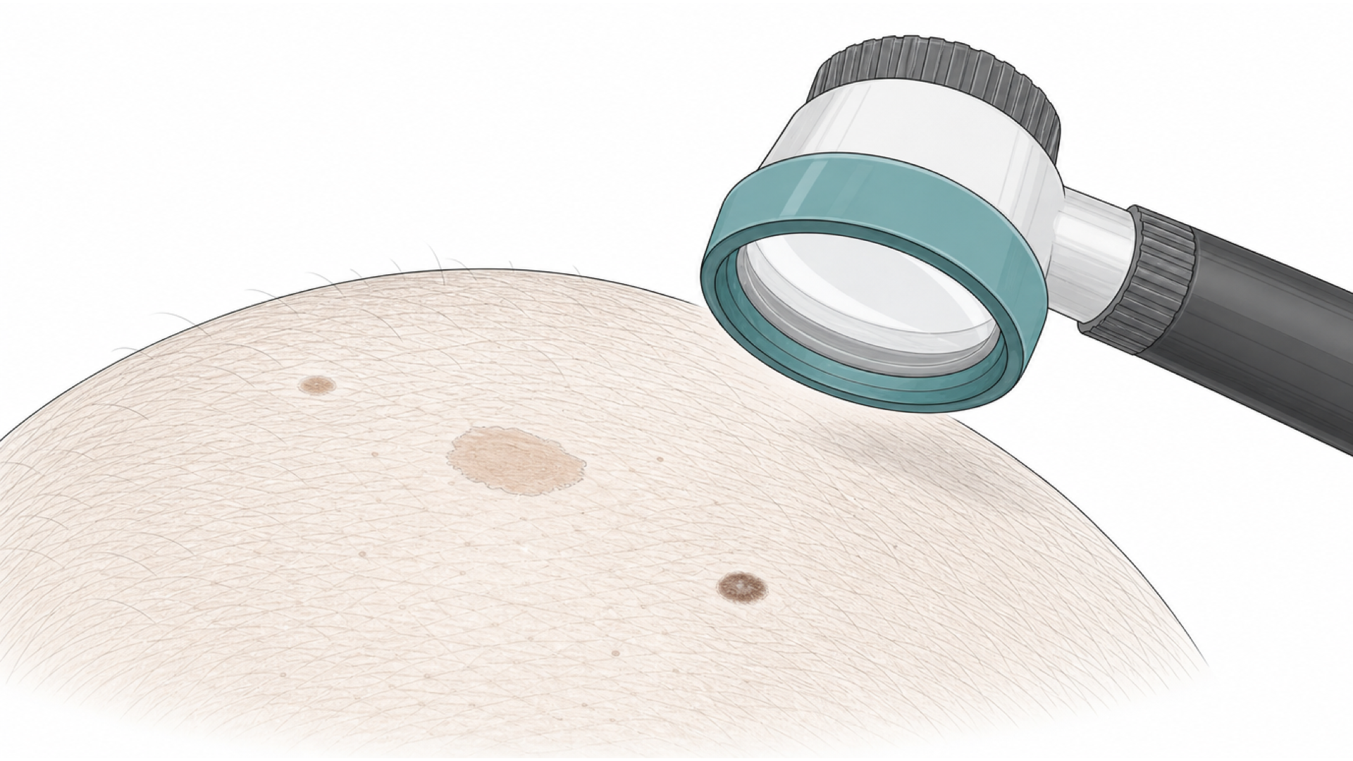 Medical line illustration of skin assessment with a dermatoscope for Scleroderma treatment.