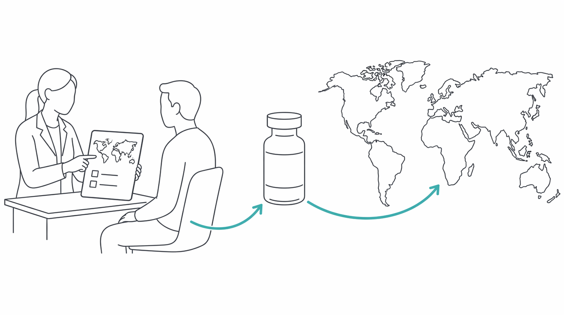 Medical line illustration of travel vaccination clinic for Childhood immunisations.
